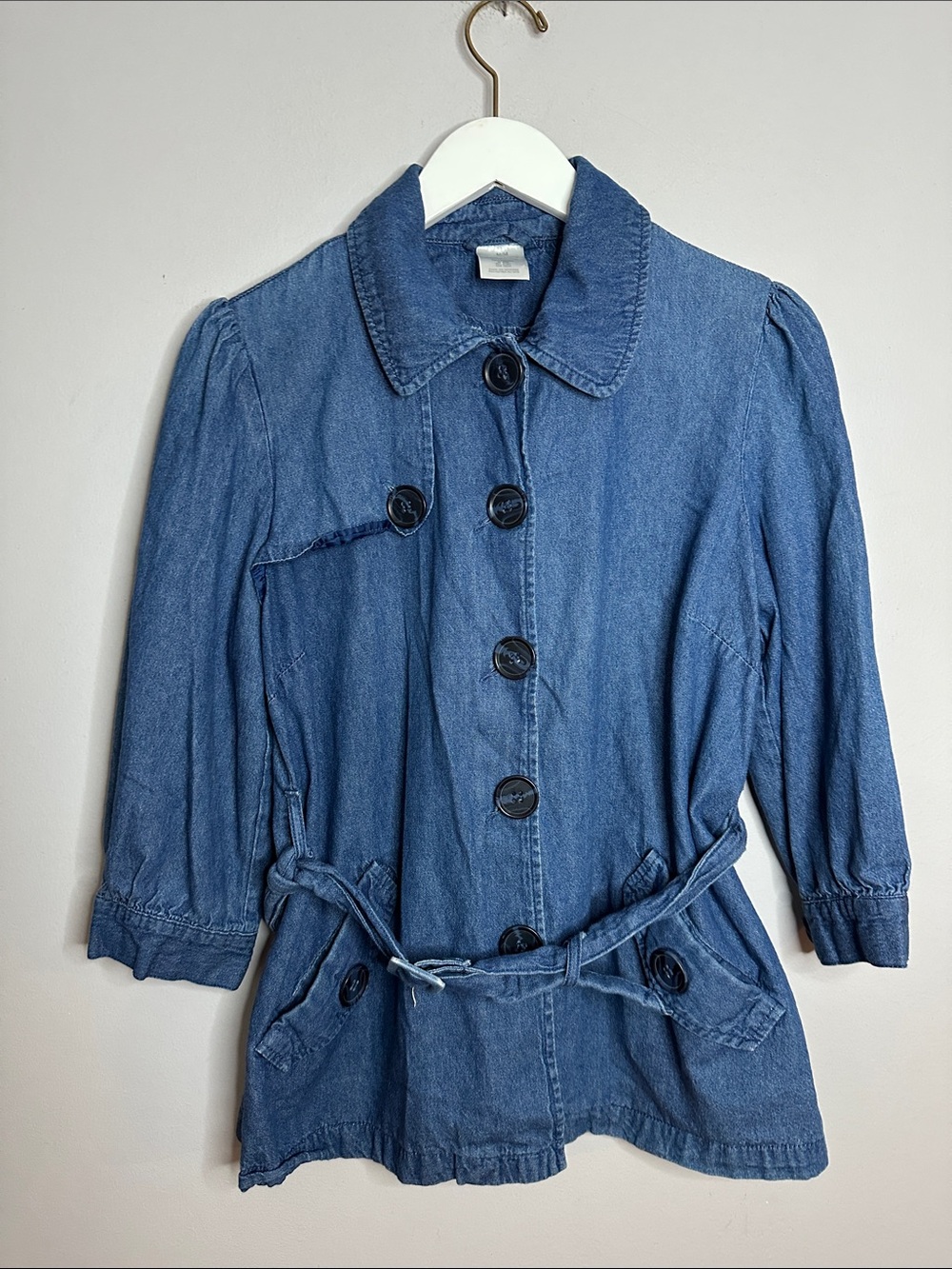 Denim Button-Front 3/4 sleeve Shirt/ Jacket with Tie Belt - Blue size M